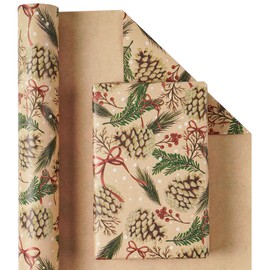RUSPEPA Kraft Christmas Wrapping Paper Roll, Mini Roll, Pinecone and Greenery Design with Red Bow and Snowflake, Kraft Gift Wrap Paper for Christmas, Holiday, Winter Party, 17 Inches x 16.4 Feet