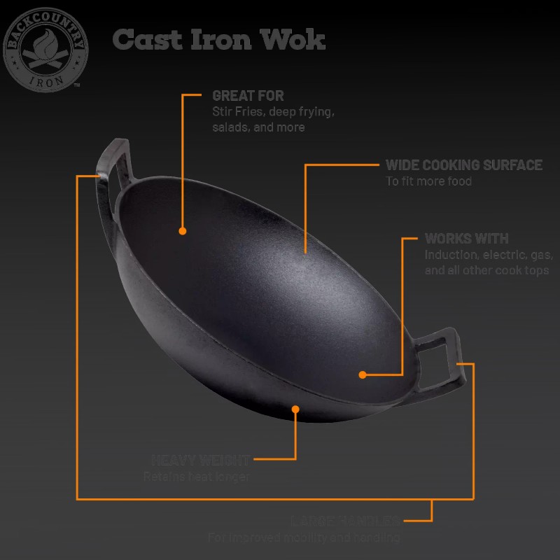 Backcountry Iron 14 inch Cast Iron Wok with Flat Base
