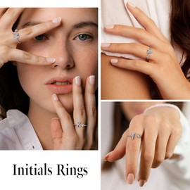 Suplight 925 Sterling Silver Rings Cubic Zirconia Adjustable D Initial Letter Rings for Women Girls