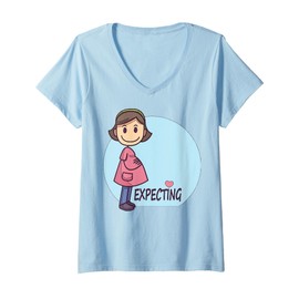 Womens Expecting Cartoon Character In Pink Dress For Kids V-Neck T-Shirt