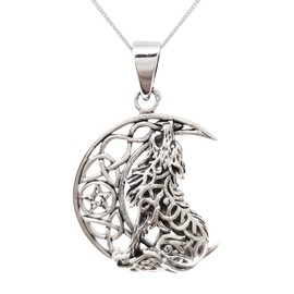 Treasure Bay 925 Sterling Silver Moon and Wolf Symbol Pendant on chain, Pendant for Women