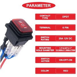 MKBKLLJY MKBKLLJY 4Pcs Red LED Light Illuminated Polarity Reverse Switch Waterproof Control 20A 12V DC DPDT 6Pin 3Position ON/Off/ON Rocker Toggle Switch with Jumper Terminal Wires for Car Boat Truck