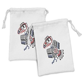 Lunarable Raven Fabric Pouch Set of 2, Haida Raven Canadian Tribal Culture and Ethnicity Indigenous Artwork, Small Drawstring Bag for Toiletries Masks and Favors, 9" x 6", Multicolor