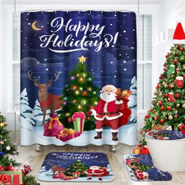 Christmas Bathroom Sets with Shower Curtain and Rugs, Deer Santa