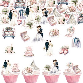 Fyeoxle 45PCS Edible Wedding Cupcake Toppers Wafer Paper Groom and Bride Cupcake Decoration Diamond Ring Cupcake Picks for Bridal Shower Bachelorette Wedding Party Supplies
