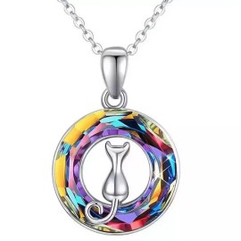 Fashion Jewelry Dainty CAT ON MOON Pendant Charm on DIAMOND Cut 925 Silver 24" Necklace Women