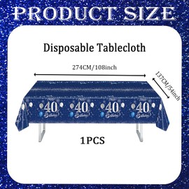 40th Birthday Table Cloth, 137x274cm Tablecloths Blue and Sliver 40th Birthday Party Table Decor, Plastic Waterproof Rectangular Table Cover for Men Women, Birthday Gifts Party Table Decoration