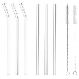 Osfel 6 Pack Reusable Glass Straws, 8”x 8mm Clear Drinking Straws, Including 3 Straight and 3 Bent with 2 Cleaning Brushes for Smoothie, Coffee and Tea