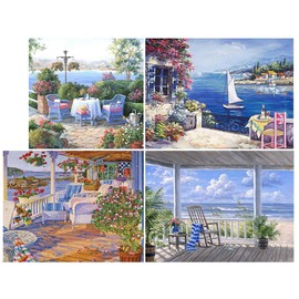 DCIDBEI 40/30 x 30 cm 5D DIY Round Diamond Painting Landscape Blue || 4 Pack Diamond Embroidery House by the Sea || Puzzle Diamond Sea for Children | Wall Decoration Living Room Bedroom Office for