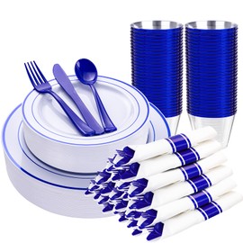 WELLIFE 210 Piece Blue Disposable Dinnerware Set,Plastic Plates for Party, Include: 30 Dinner Plates, 30 Dessert Plates, 30 Pre Rolled Napkins with Gold Silverware and 30 Gold Cups