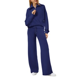 XIEERDUO Vacation Outfits Lounge Sets For Women Half Zip Sweatshirt Wide Leg Sweatpant Navy Blue S