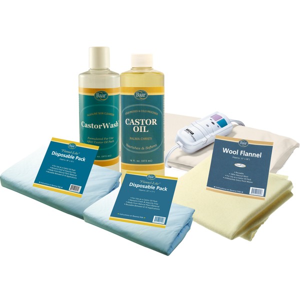 Baar Castor Oil Packs Kit: Heating Pad with Auto Shut Off; Cold Pressed, Cold Processed, Hexane Free, Palma Christi Castor Oil; Reusable, Unbleached Wool Flannel Cloth; & Disposable Castor Oil Packs