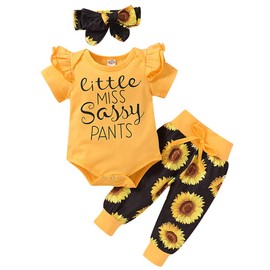 Geagodelia Baby Girl Clothing Outfit Set Newborn Toddler Sunflower Clothes Bodysuit Top + Pants Shorts + Headband Little Miss Sassy Pants 0-24M (18-24 Months, Yellow & Black 41A)