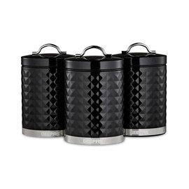 GEEPAS Argyle 3-Piece Tea Coffee Sugar Canisters Set | 1.3L Airtight Durable Carbon Steel Material Lids & Body | Kitchen Storage Canisters Keeps Contents Fresh Aromatic & Flavourful | Black