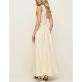 Lauweion Women's Summer Sleeveless Mock Neck Maxi Dresses Patchwork Casual Flowy Drop Waist Dress with Pockets Apricot