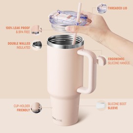 SMLIXE 40 oz Tumbler with Handle and Straw Lid,Insulated Reusable Stainless Steel Water Bottle Travel Mug，Cupholder Friendly Double Wall Vacuum Sealed Cup (Rose Quartz)