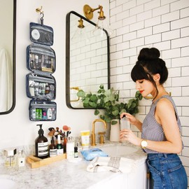 Virklyee Toiletry Bags Travel Cosmetic Case Wash Bag for Hanging Oxford Fabric Cosmetic Bag Foldable Makeup Bag Organiser Bathroom Shaving Bag for Holiday and Camping, Dark blue Oxford fabric