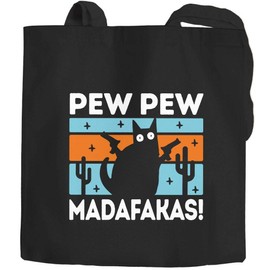 MoonWorks® Jute Bag Pew Pew Madafakas Cat Crazy Crazy Funny Fabric Bag Shopping Bag Black 2 Long Handles, Pew Pew 6 Black