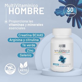 Multivitaminico Hombre con Creatina BCAAS Arginina Citrulina y Te Verde - Vitaminas y Minerales - Zinc Hierro Selenio - 30 Cápsulas - Sin azucar Sin G