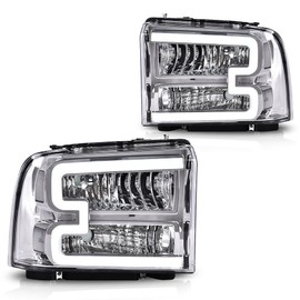 DOTCOM LED DRL Headlights Assembly,Compatible with Ford F250 F350 F450 F550 Super Duty 2005-2007/Fit Ford Excursion 2005 Headlamp Driver and Passenger Side, Clear Lens Chrome Housing Clear Reflector