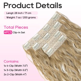 REECHO 28” Hair Extensions, 4PCS Clip in Hair Extensions Super Thick Long Loose Waves hair extensions Invisible Lace Weft Natural Soft Hairpieces for Women – Ash Blonde with Highlights