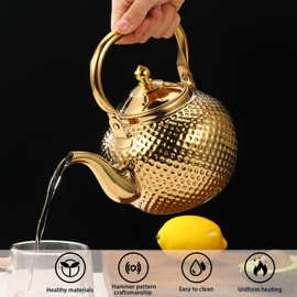 Alunsito Teapot for Stove Top, Stovetop Tea Kettle, Food Grade Stainless Steel Tea Kettle, 2.1qt Metal Tea Pot with Tea Strainer for Easy Tea, Coffee, Gold, 2 Liters