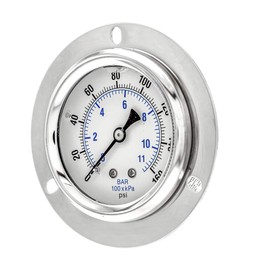 PIC Gauge PRO-204L-254F Glycerin Filled Industrial Front Flanged Panel Mount Pressure Gauge with Stainless Steel Case, Brass Internals, Plastic Lens, 2-1/2" Dial Size, 1/4" Male NPT, 0/160 psi