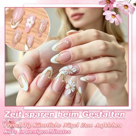 Almond Press On Nails French Tip - Pack of 24 Nude Artificial Nails for Sticking, Fingernails with Gold Pattern, 3D Flowers, Pearl Design - Natural Shiny Full Cover Fake Nail for Women Nails