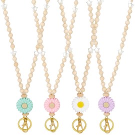SUNNYCLUE 4pcs Wood Beaded Lanyards Flower Teacher Lanyards Wooden Daisy Floral Teacher Id Card Badges Necklace Straps Bead Lanyard with Alloy Clasp for Women Office Nurse Badges Workers Keychain