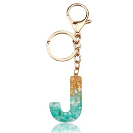 ORUZA Alphabet Initial Letter Keychain, Gold Light Blue Initial Letter Keyring with Butterfly Tassel Pendant Resin Letter Key Ring for Women Wallet Purses Letter (J)