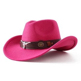 Jastore Kids Western Hats Boys Girls Cowboy Felt Hat Jazz Fedora Cowgirl Hats with Belt Buckle, Rose, 6-12 Years