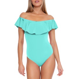 Trina Turk Women's Standard Ruffle One Piece Swimsuit, Off Shoulder, Bathing Suits, Monaco (Sky), 10