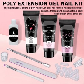 QIUFSSE Poly Nail Gel Kit,10PCS Clear Poly Gel Nail Kit for Beginners with Everything,Nail Extension Kit with Slip Solution for Nail Art DIY - Set D（Clear）