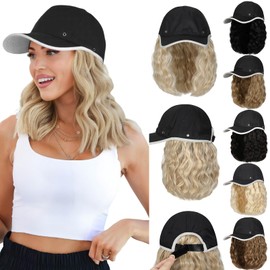 Qlenkay Waterproof Baseball Cap Attached with Curly Wavy Bob Hair Soft Crown Adjustable Quick Dry Hat Wig 14in Short Synthetic Hairpiece for Women Dark Black
