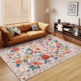 DUKINO 5x7 Area Rug, Floral Rugs for Living Room, Lightweight Non Slip Washable Rug, Indoor Low Pile & Non-Shedding Boho Design Rugs for Bedroom, Living Room, Dining Room, Beige