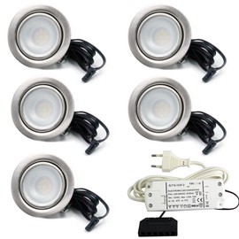 Set of 5 LED Recessed Spotlights Furniture Light Furniture Recessed Spotlights Flat 2.7 W LED 12 V/DC Warm White 3000 K / 200 lm Colour Brushed Stainless Steel + 15 Watt LED Transformer 230 V
