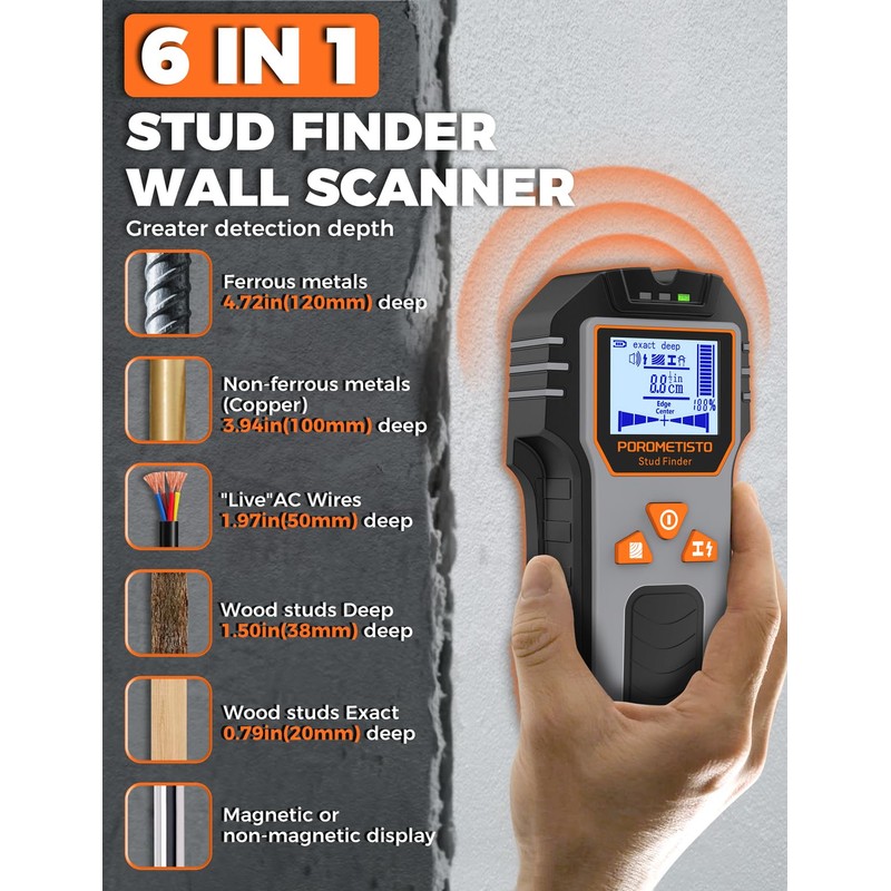 6-in-1 Stud Finder Wall Scanner, POROMETISTO DSF01 Wall Stud Finder