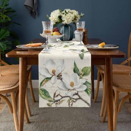 Green Plants Magnolia Flowers Table Runner Cotton Linen Table Runners 72 inches Long, Decorative Dresser Scarf for Kitchen Dining Table, Spring Table Decorations for Home,Parties,and Outdoor Events