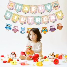 Owl Birthday Party Banners, Cute Owl Theme Party Supplies - Forest Animals Happy Birthday Banner Garland Colorful Woodland Themed Flag Bunting Banners for Bday Baby Shower