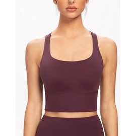 AGONVIN Women's Strappy Longline Yoga Sports Bra Padded Wireless Crop Top Cami Tank Top Fig Purple Small