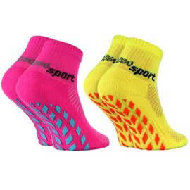 Rainbow Socks - Boy Girl Terry Sport Non Slip Ankle Socks - 2 Pairs - Pink Yellow - Size 7-11