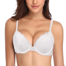 Deyllo Women's Push-Up Bra with Floral Lace Cups, Underwired Bra, Padded, Elegant, White