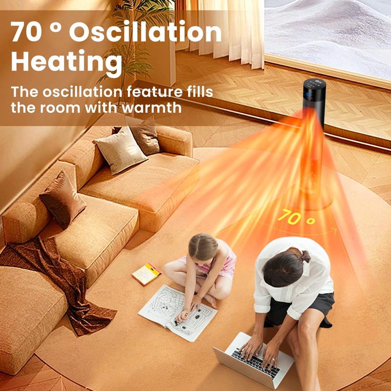 Portable 1500W Space Heater with Fireplace,70° Oscillating PTC Ceramic Tower