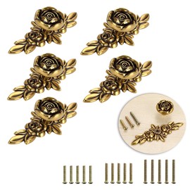 BSTKEY 5 Packs Rose Drawer Knobs Pull Handles for Cupboard Cabinet Wardrobe Chest with Plate, Decorative Furniture Knob for Home (100mm, Antique Brass)