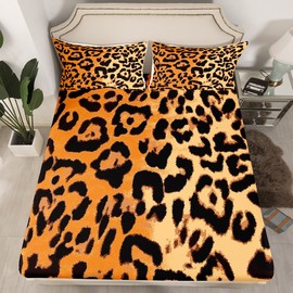 Brown Leopard Print Fitted Sheet Full Size,Kids Girls Woman Luxury Room Decor,Abstract Cheetah Skin Spots Bed Cover,Wild Animal Fur Bedding Set,Rustic Vintage Bed Sheet,2 Pillowcases