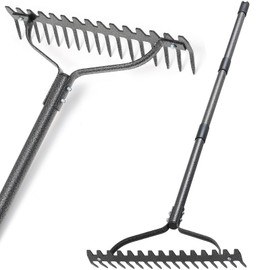Bow Rake, 49" Adjustable Long Handle Lawn Leveling Garden Rake with 17 Tines, Garden Tool with Heavy Duty Metal for Looseing Soil, Weede Control