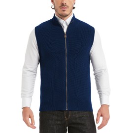 KALLSPIN Men’s Wool Blend Full Zip Up Cardigan Sweater Casual Regular Fit Sleeveless Outwear Sweater with Pockets(Navy Blue, Medium)