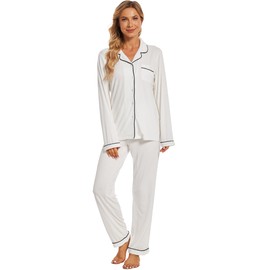 Yoolfine Button Up Pajamas for Women, Long Sleeve Sleepwear Soft Loungewear Ladies Pjs Set, White, Medium