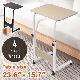 Japard TV Tray Slide Table with Wheels, Mobile Table for Bed Sofa, 23.6" Wide, Adjustable Height, C-Shaped Design, 44lbs Sofa Bed Side Table with Casters - White