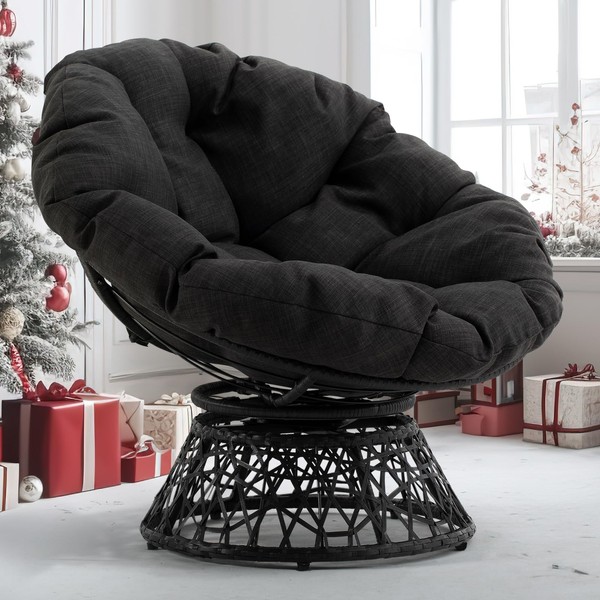Bme Ergonomic Wicker Papasan Chair with Soft Thick Density Fabric Cushion, High Capacity Steel Frame, 360 Degree Swivel for Living, Bedroom, Reading Room, Lounge, Onyx Stone - Black Base